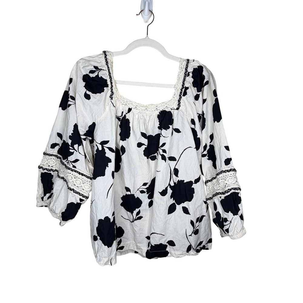 Maurices White Black Floral Crochet Lace Square Neck 3/4 Balloon Sleeve Blouse L - Picture 7 of 9